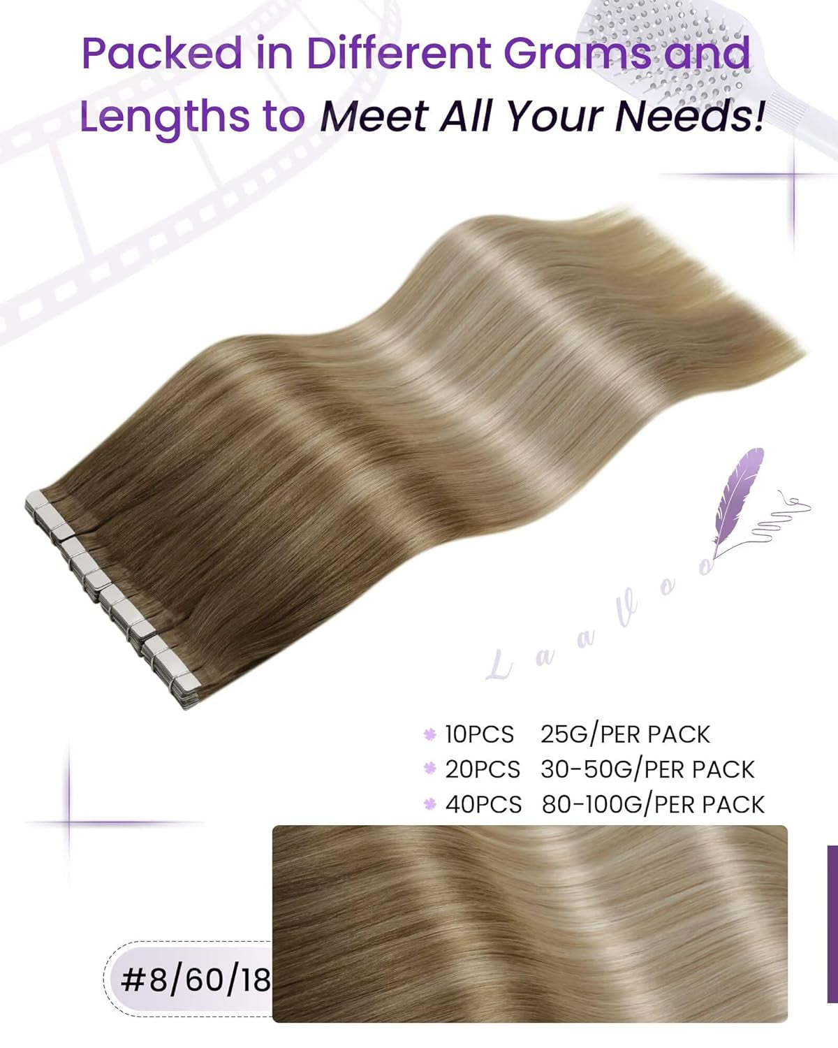 Balayage Tape in Human Hair Extensions Ombre Light Brown to Ash Blonde with Platinum Blonde Hair Extensions Tape in Real Human Hair Skin Weft Salon Quality 18In 20Pcs 50G