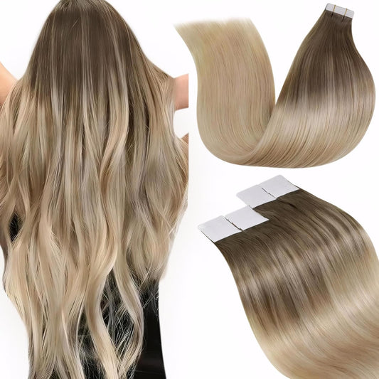 Balayage Tape in Human Hair Extensions Ombre Light Brown to Ash Blonde with Platinum Blonde Hair Extensions Tape in Real Human Hair Skin Weft Salon Quality 18In 20Pcs 50G
